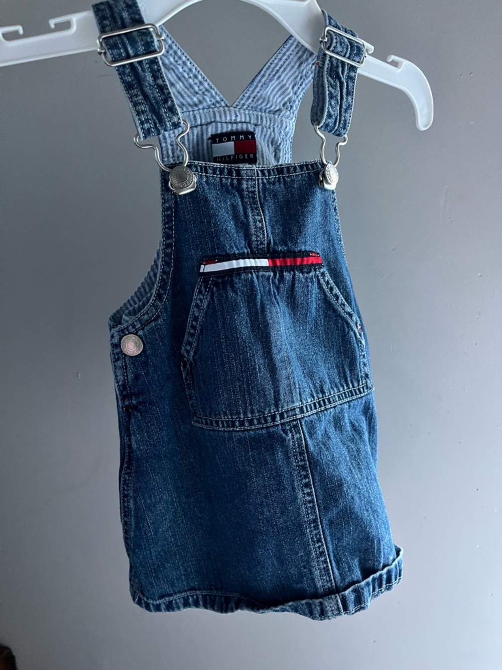 Vintage Tommy Hilfiger Dark Blue Denim Girls' Overall Dress with Logo Trim